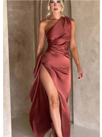 Elegant One-Shoulder Backless Satin Dress with High Slit Light Brown Dresses