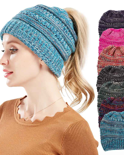 Women’s Mixed-Color Knitted Wool Ponytail Hat Hats
