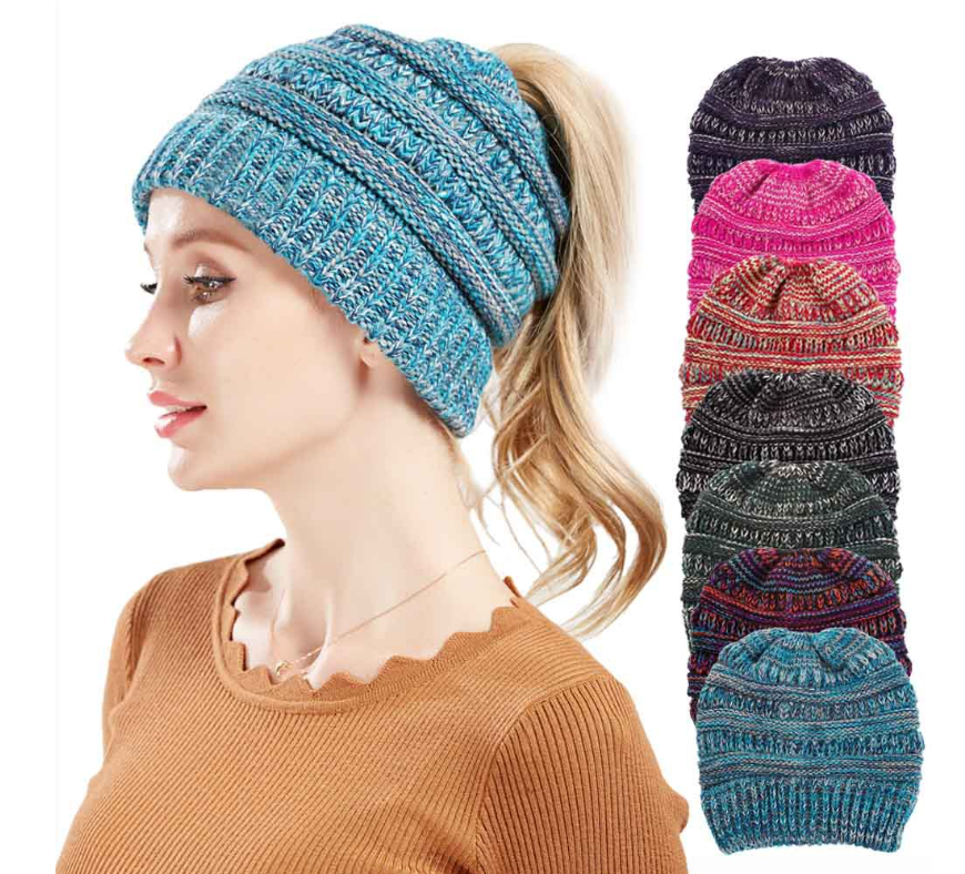 Women’s Mixed-Color Knitted Wool Ponytail Hat Hats