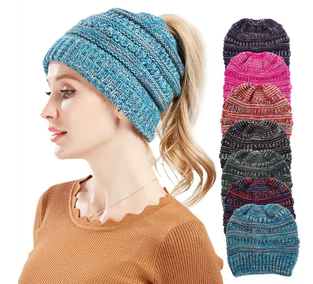 Women’s Mixed-Color Knitted Wool Ponytail Hat Hats