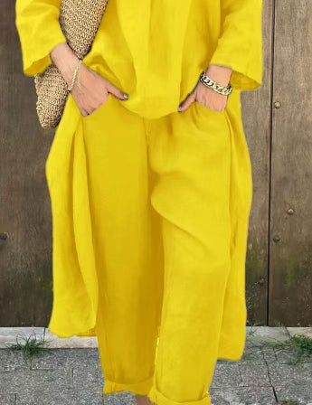 Women's 2-Piece V-Neck Long Sleeve Top & High-Waist Wide-Leg Pants Set with Pockets Yellow set