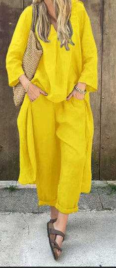 Women's 2-Piece V-Neck Long Sleeve Top & High-Waist Wide-Leg Pants Set with Pockets Yellow set