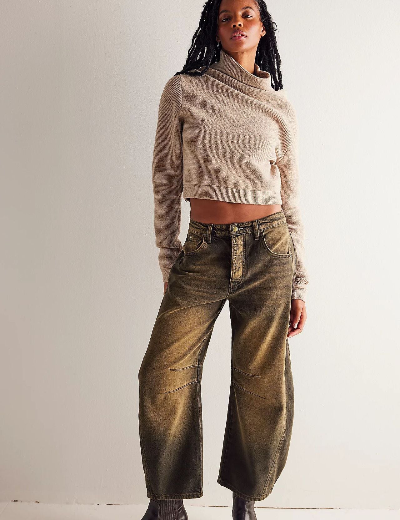 High-Stretch Mid-Rise Barrel Jeans Caramel color Women Pants