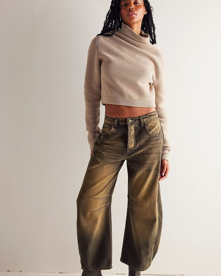 High-Stretch Mid-Rise Barrel Jeans Caramel color Women Pants