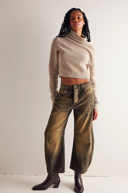 High-Stretch Mid-Rise Barrel Jeans Caramel color Women Pants
