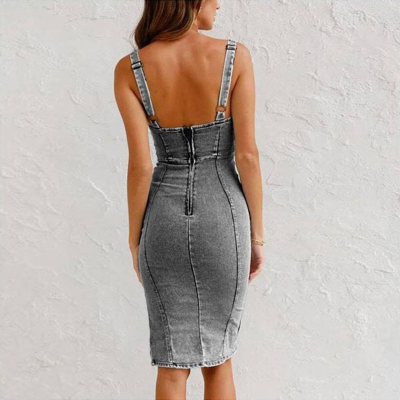 New U-Neck Suspender Denim Dress Dresses