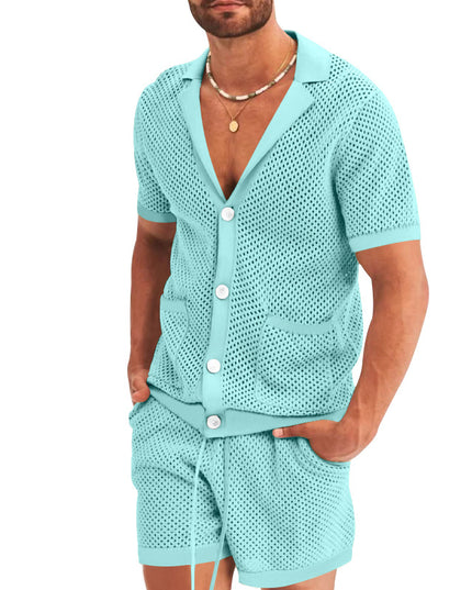 Men's Summer Casual Hollow Short Sleeve Shirt & Shorts Set Blue Shirts