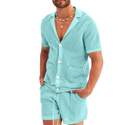 Men's Summer Casual Hollow Short Sleeve Shirt & Shorts Set Blue Shirts