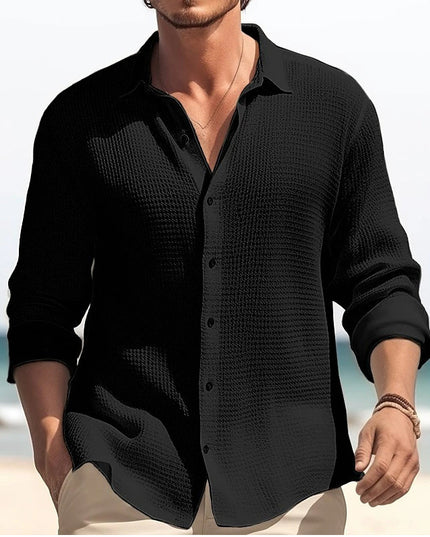Men's Lapel Long Sleeve Shirt - Solid, Single Breasted for Fall & Spring Black Men T-Shirts