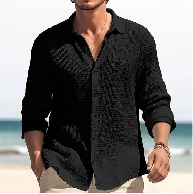 Men's Lapel Long Sleeve Shirt - Solid, Single Breasted for Fall & Spring Black Men T-Shirts