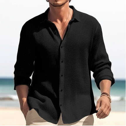Men's Lapel Long Sleeve Shirt - Solid, Single Breasted for Fall & Spring Black Men T-Shirts