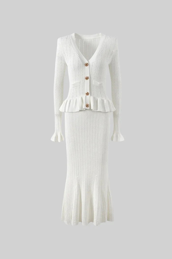 Pippa™ | White Ruffled Jacket & Flared Skirt Knit Matching Set Dresses