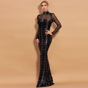 Elegant Sequin Long Sleeve Maxi Dress Black Dresses
