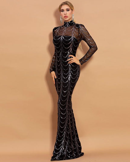 Elegant Sequin Long Sleeve Maxi Dress Black Dresses