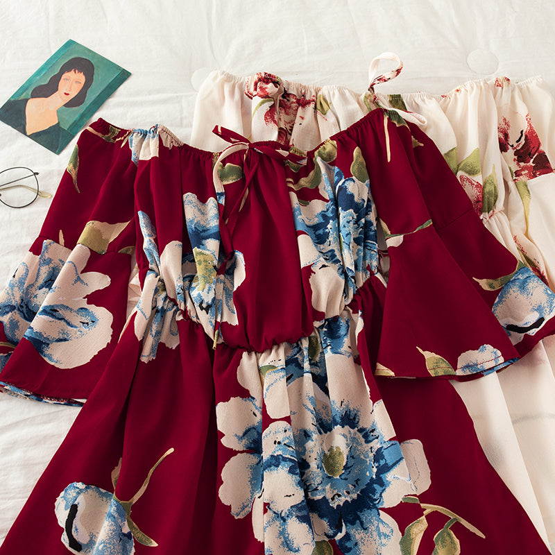 Off-Shoulder Floral Print Jumpsuit with Tie Flare Sleeves Jumpsuit