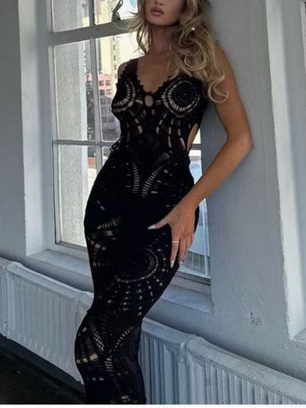 Beach Hollow V-neck Slim Sexy Midi Dress Black Dresses