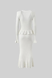 Pippa™ | White Ruffled Jacket & Flared Skirt Knit Matching Set Dresses