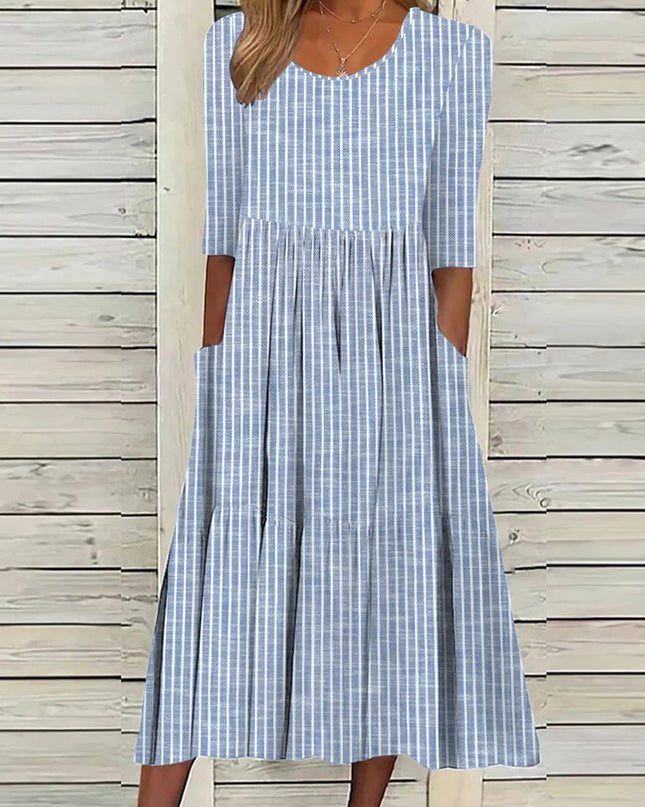 Ivey | Midi Dress with Half Sleeves White Blue Stripes Dresses