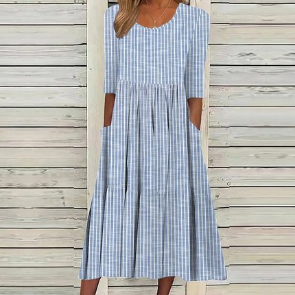 Ivey | Midi Dress with Half Sleeves White Blue Stripes Dresses