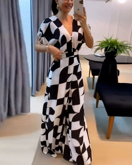 Women's Casual V-Neck Geometric Print Wide Leg Jumpsuit Jumpsuit