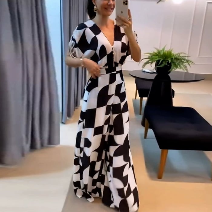 Women's Casual V-Neck Geometric Print Wide Leg Jumpsuit Jumpsuit
