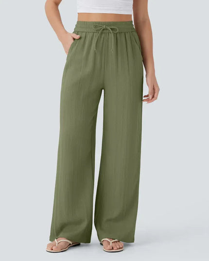Elegant Linen Wide‑Leg Pants Green Women Pants