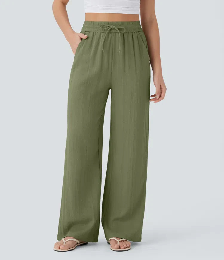 Elegant Linen Wide‑Leg Pants Green Women Pants
