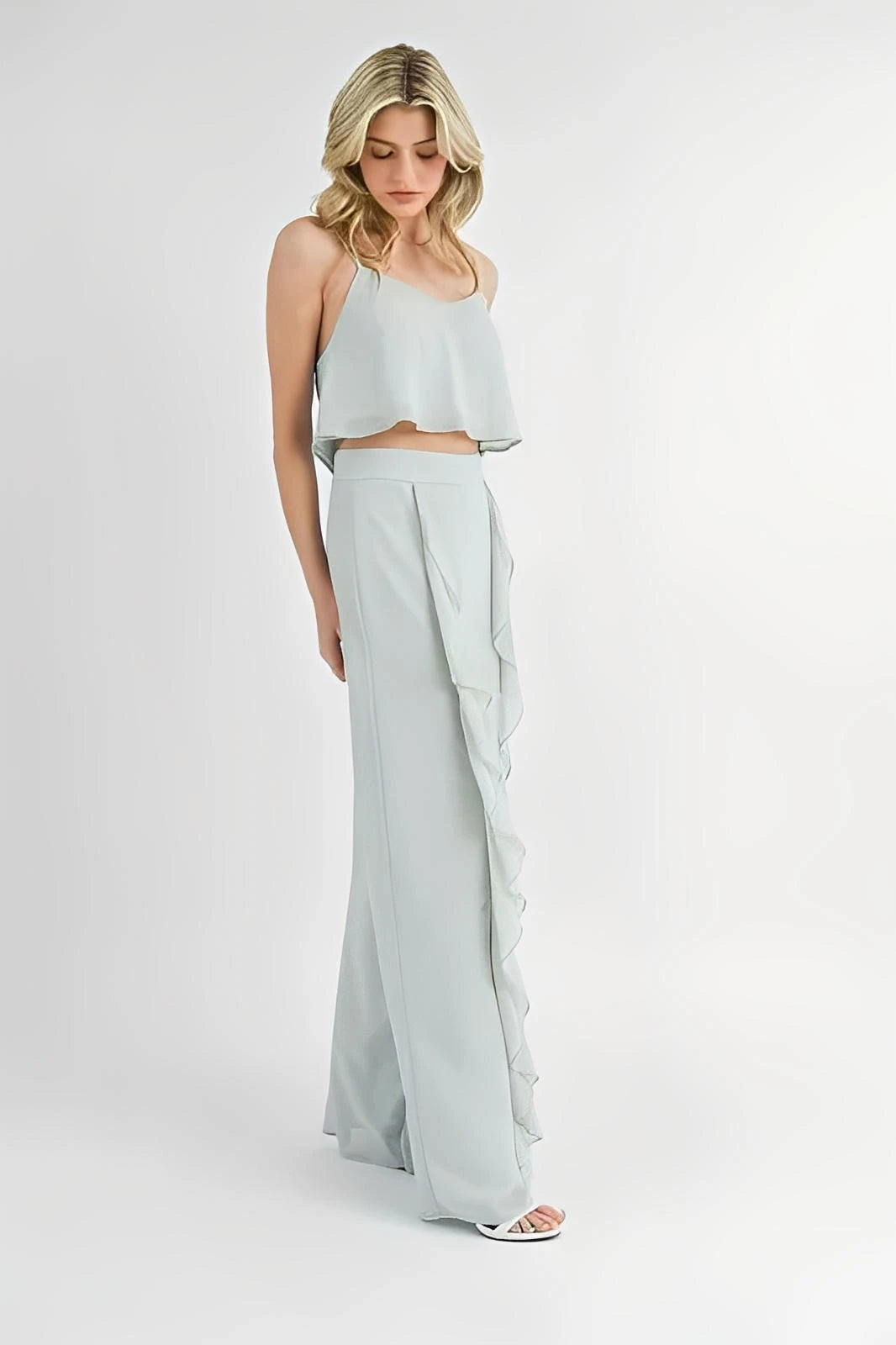 MABLE Crop Cami and Ruffled Wide Leg Pants Set