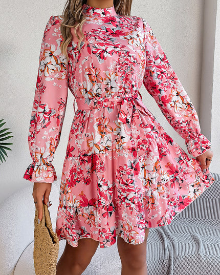 Floral Print Waist-Controlled A-Line Dress for Women - Long Sleeve Spring Pink Women's Clothing