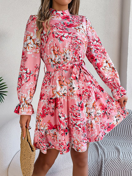 Floral Print Waist-Controlled A-Line Dress for Women - Long Sleeve Spring Pink Women's Clothing