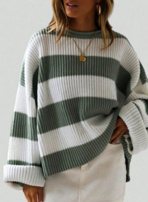 Striped Batwing Sleeve Knit Pullover Woman, Sweaters