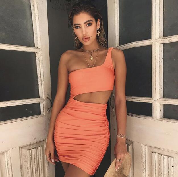 Women's One-Shoulder Hollow Out Mini Dress Orange Dresses