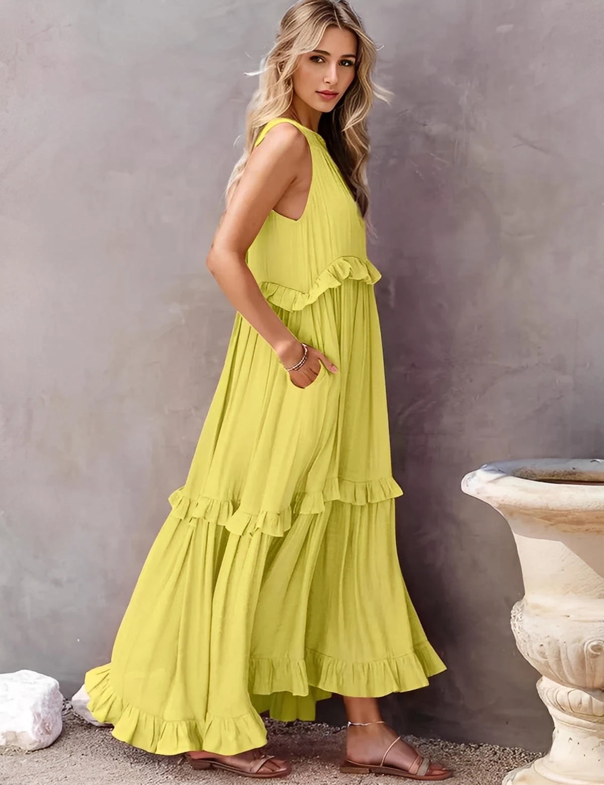 Ruffled Sleeveless Tiered Maxi Dress with Pockets