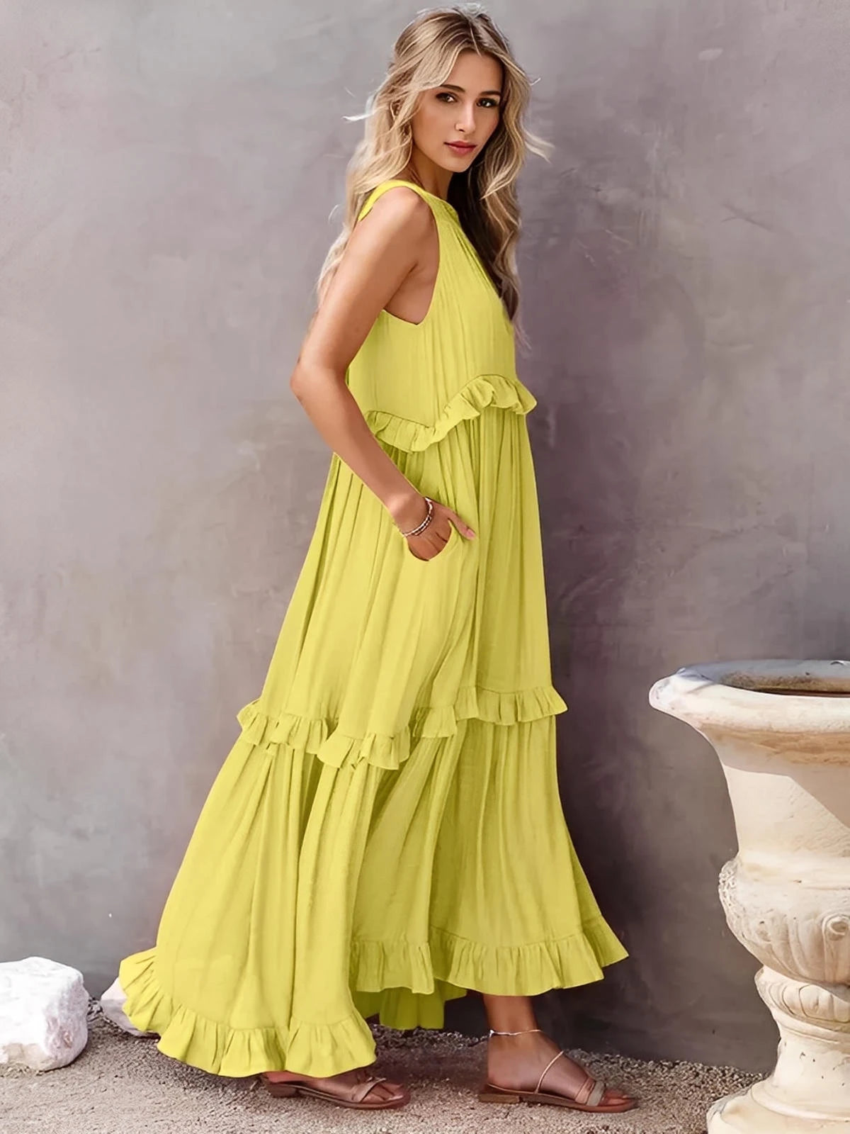 Ruffled Sleeveless Tiered Maxi Dress with Pockets