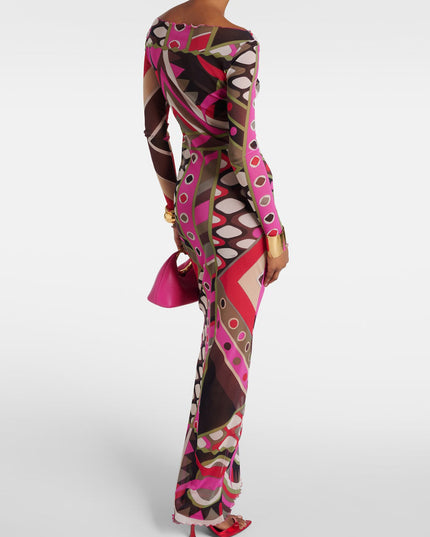 Retro Personality Abstract Print Hip-Wrapped Maxi Dress Dresses
