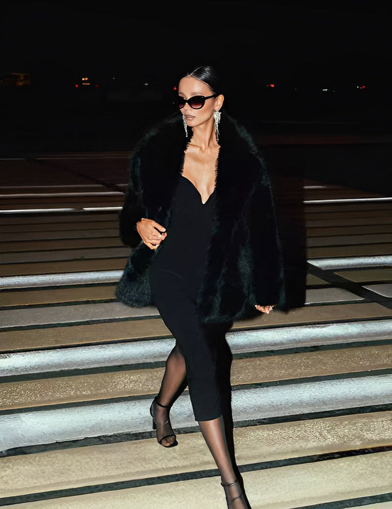 Women's Mid-Length Faux Fur Coat Black Short Coat