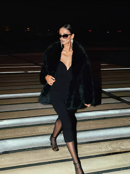 Women's Mid-Length Faux Fur Coat Black Short Coat