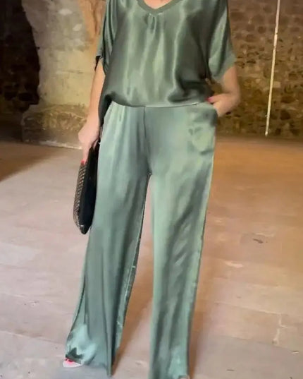Summer Short-sleeved T-shirt Two-piece Set For Women Army green Outfit Sets