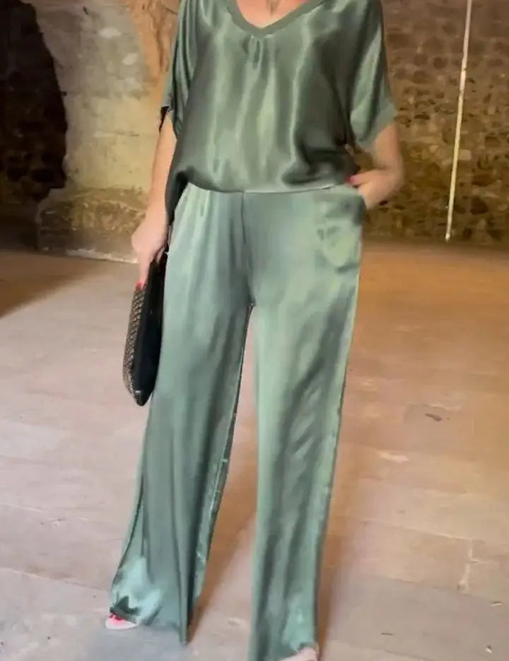 Summer Short-sleeved T-shirt Two-piece Set For Women Army green Outfit Sets