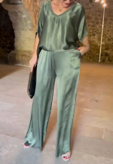 Summer Short-sleeved T-shirt Two-piece Set For Women Army green Outfit Sets