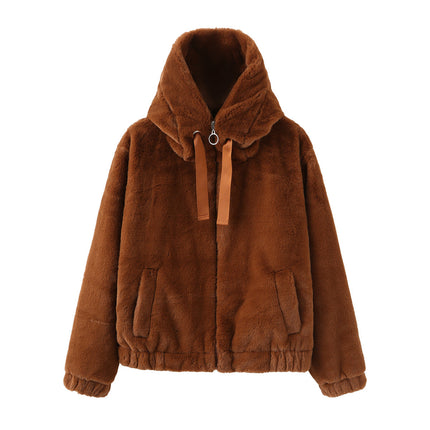 Women's Hooded Faux Fur Jacket Dark brown Faux Fur Jacket