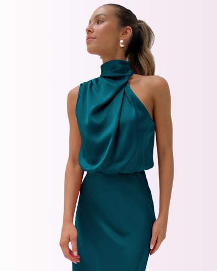Elegant Off-Shoulder Maxi Dress with High Neck Blue-green Dresses