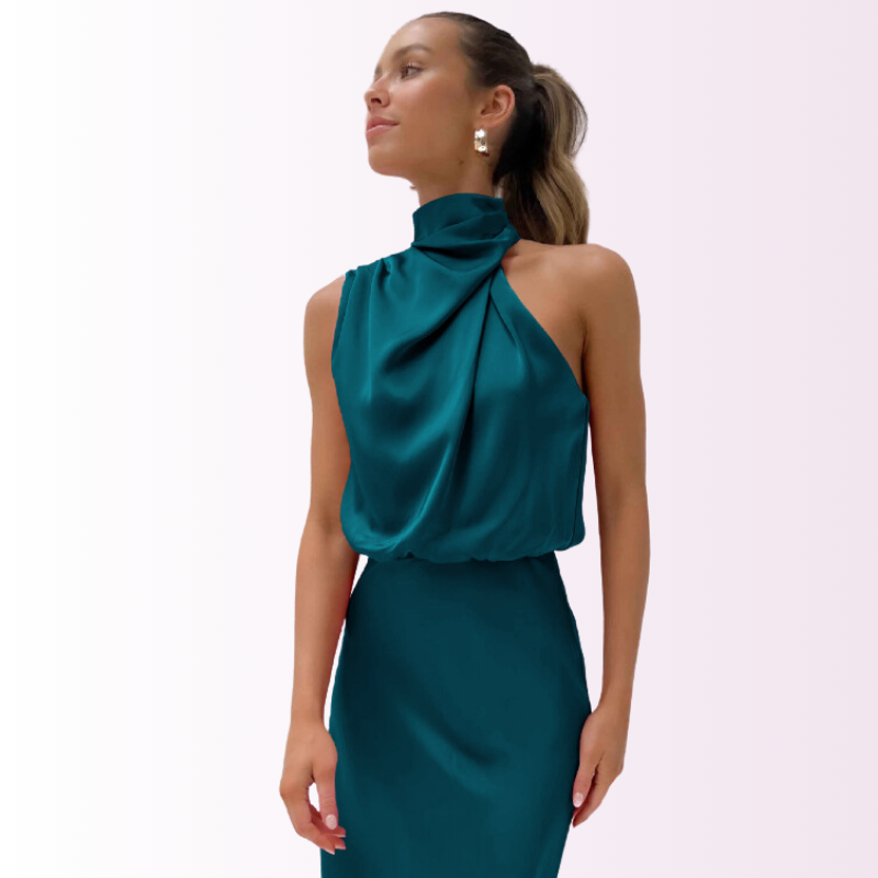 Elegant Off-Shoulder Maxi Dress with High Neck Blue-green Dresses