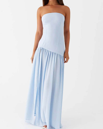 Exquisite Backless Pleats Strapless Maxi Dress Blue Dresses