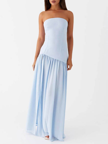 Exquisite Backless Pleats Strapless Maxi Dress Blue Dresses
