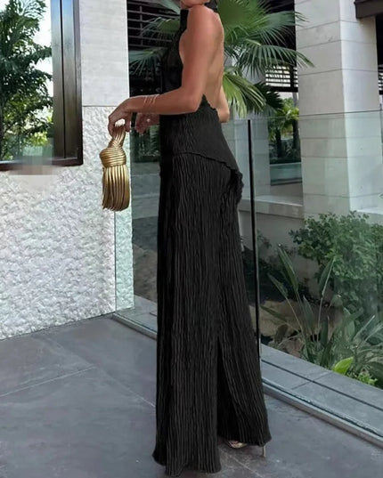 Elegant Sleeveless Halter Crop Top & Wide‑Leg Pants Set Outfit Sets