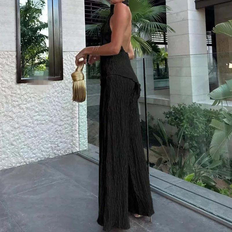 Elegant Sleeveless Halter Crop Top & Wide‑Leg Pants Set Outfit Sets