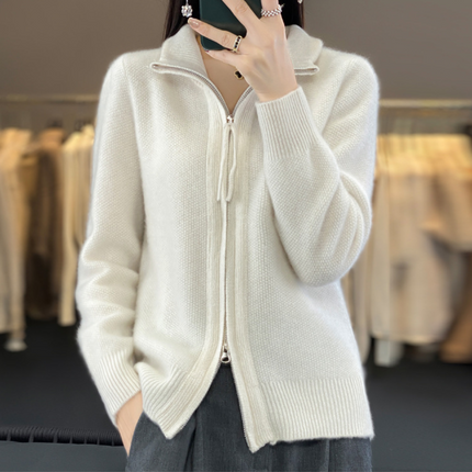Wool Cashmere Zip-up Cardigan White Zip-up Cardigan