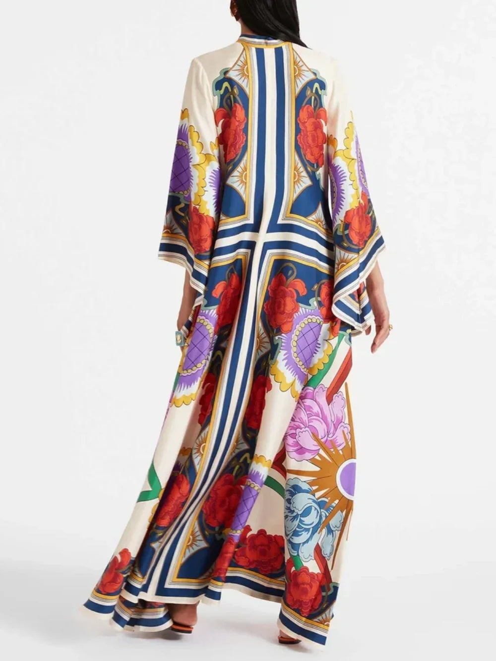 Exquisite Floral Print Draped Waterfall Sleeves Maxi Dress Dresses