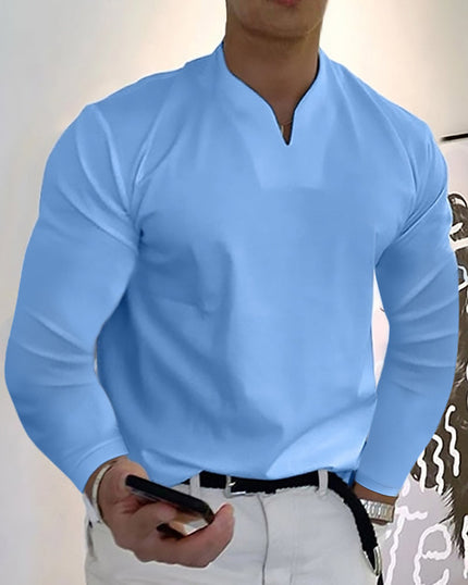 Men's Stylish Long-Sleeve V-Neck T-Shirt Blue T-Shirts